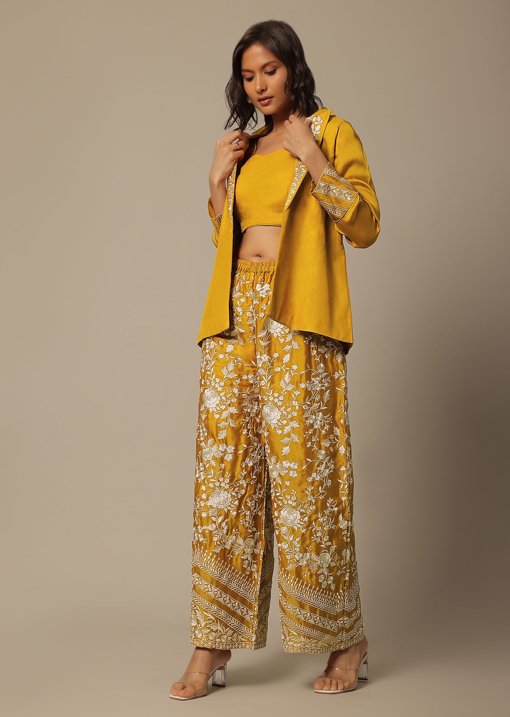 Yellow crop top and pants set on sale