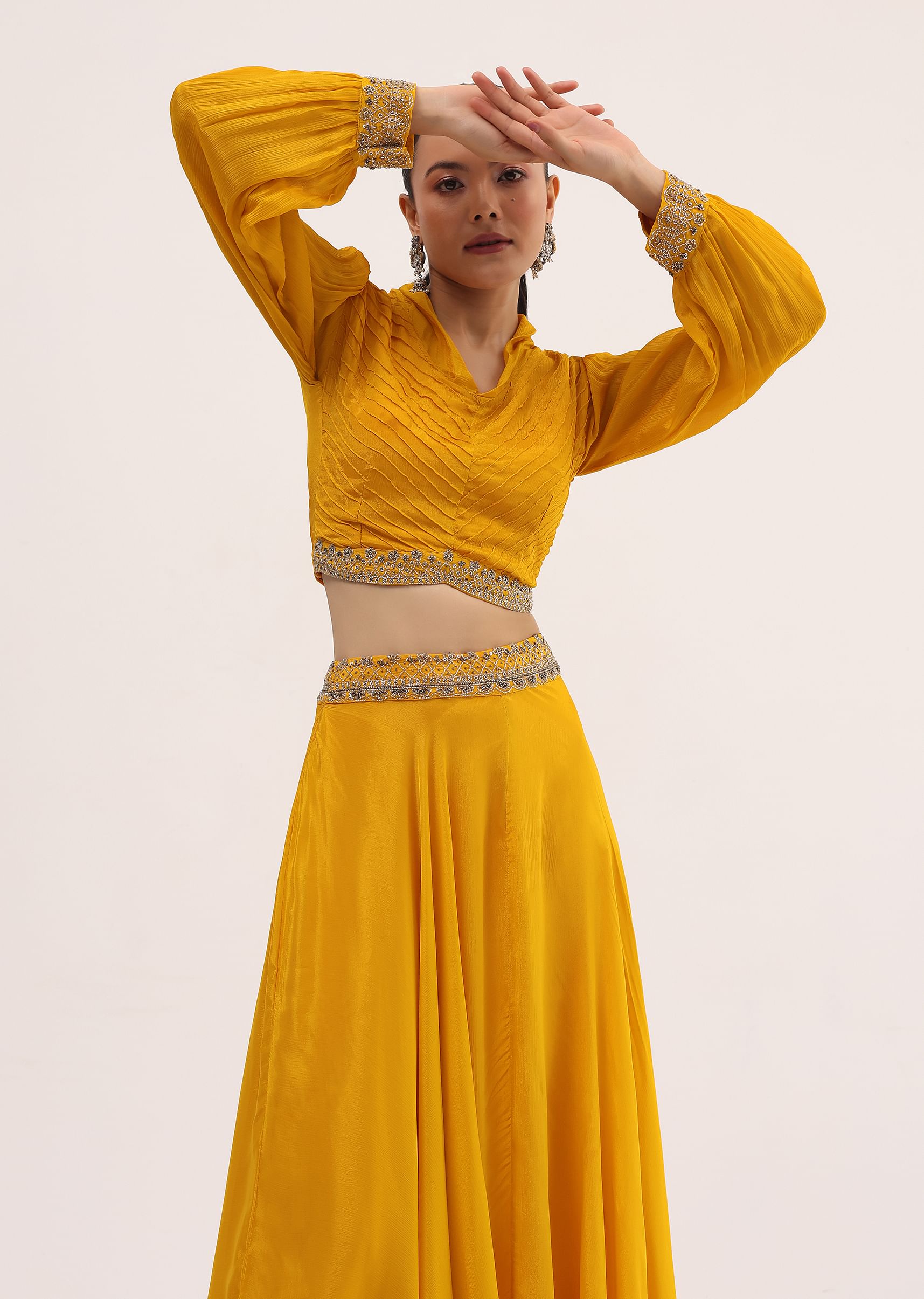 Buy Yellow Embroidered Chiffon Crop Top And Skirt KALKI Fashion Global