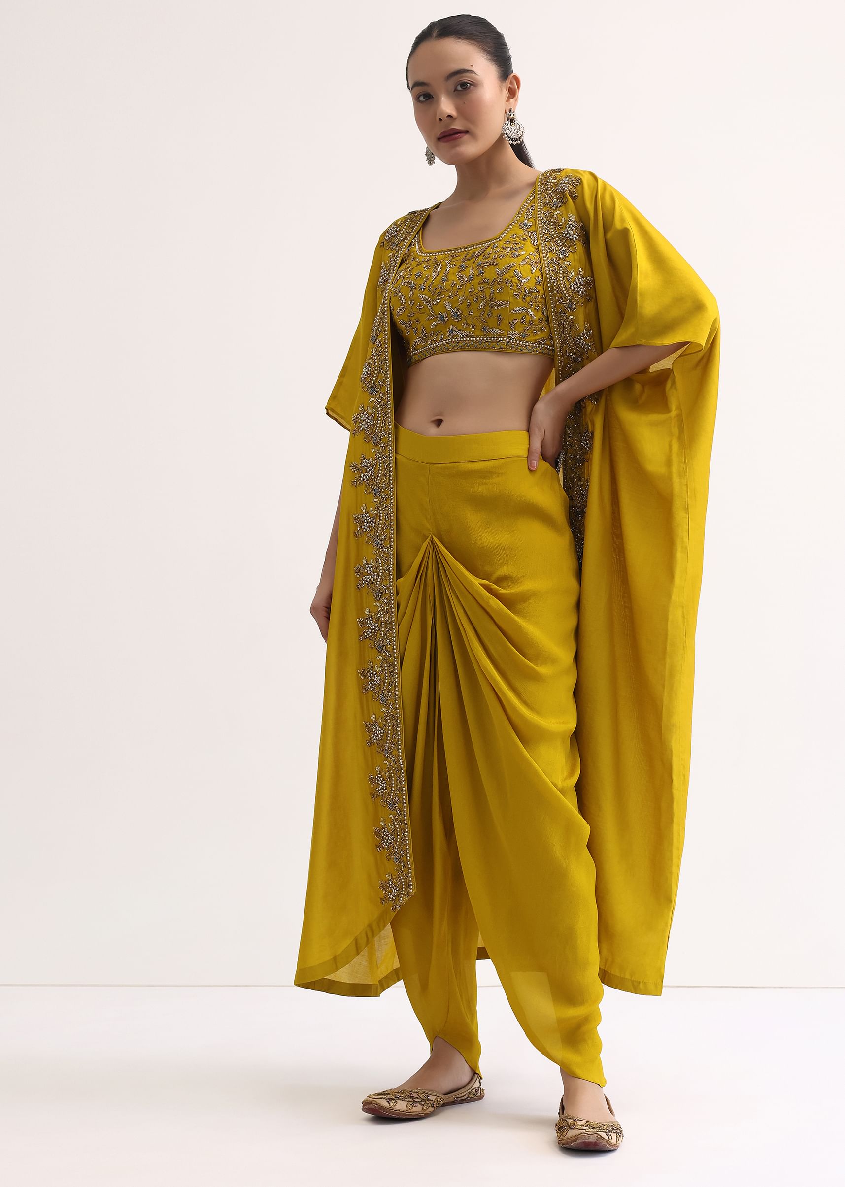 Buy Yellow Embroidered Crop Top And Dhoti With Jacket Online in India
