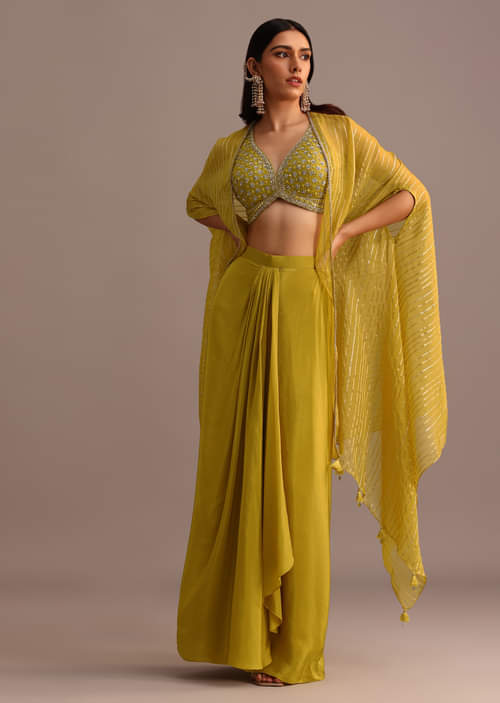 Mehendi Green Embroidered Croptop Skirt Set With Chanderi Jacket