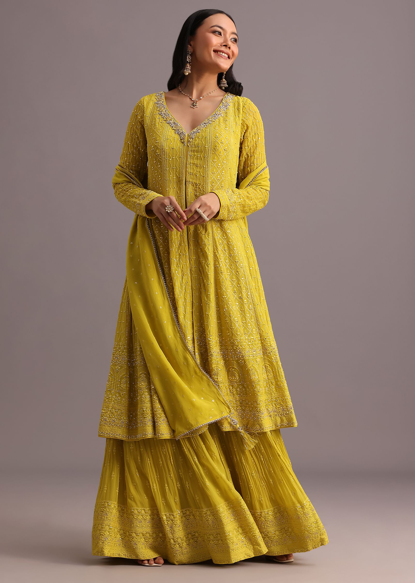Buy Yellow Embroidered Kurti And Skirt With Butti Work Dupatta KALKI Fashion India