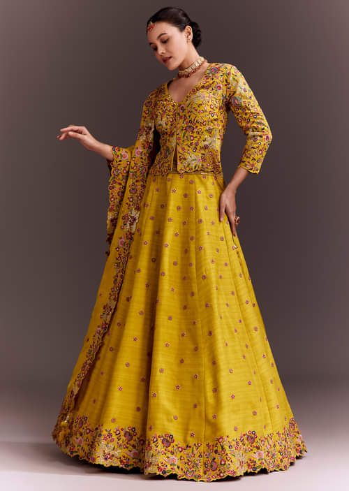 Buy Yellow Embroidered Lehenga Set With Short Kurta And Dupatta