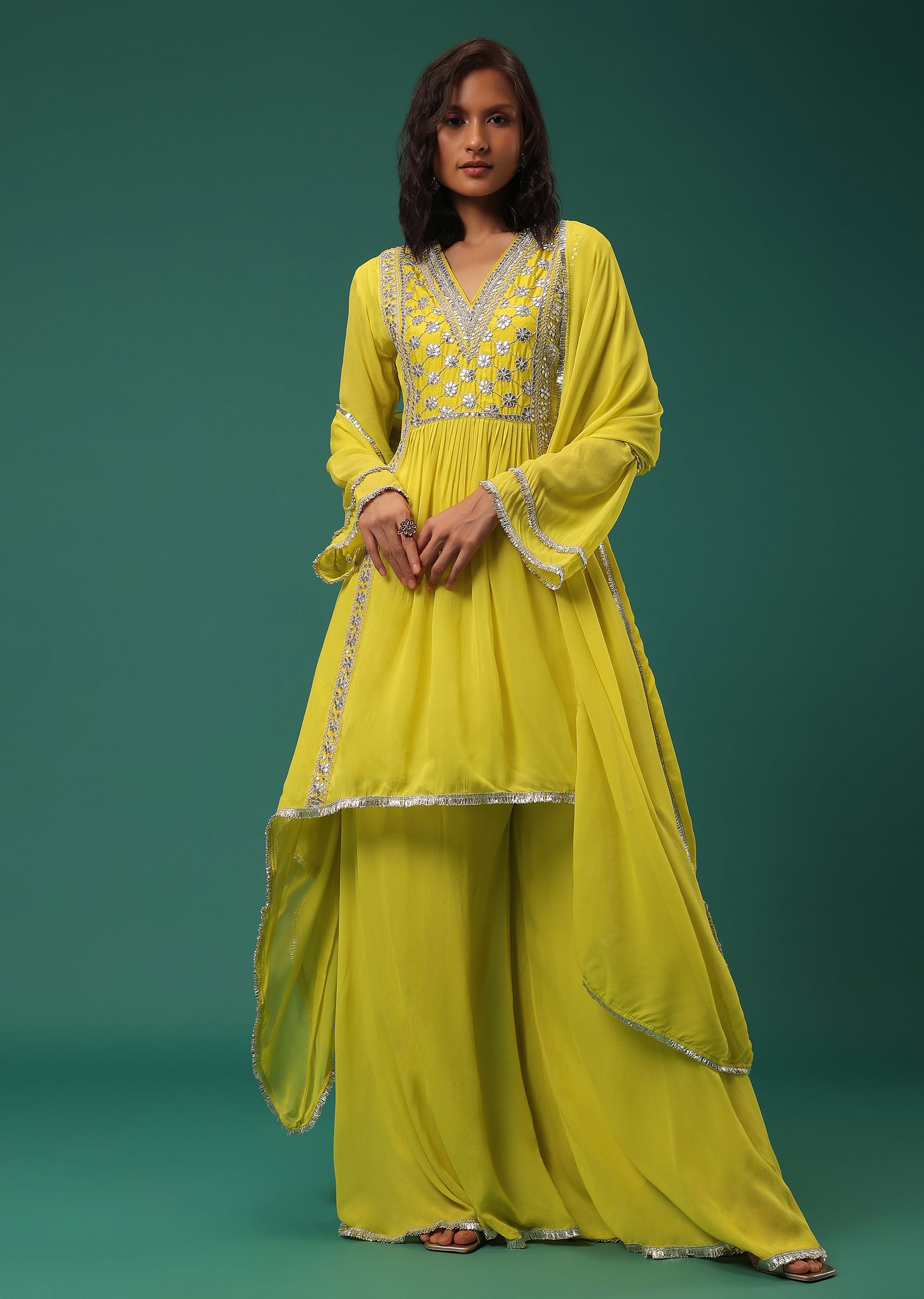 Buy Yellow Embroidered Palazzo Suit Set In Georgette With Gota Work KALKI Fashion Global