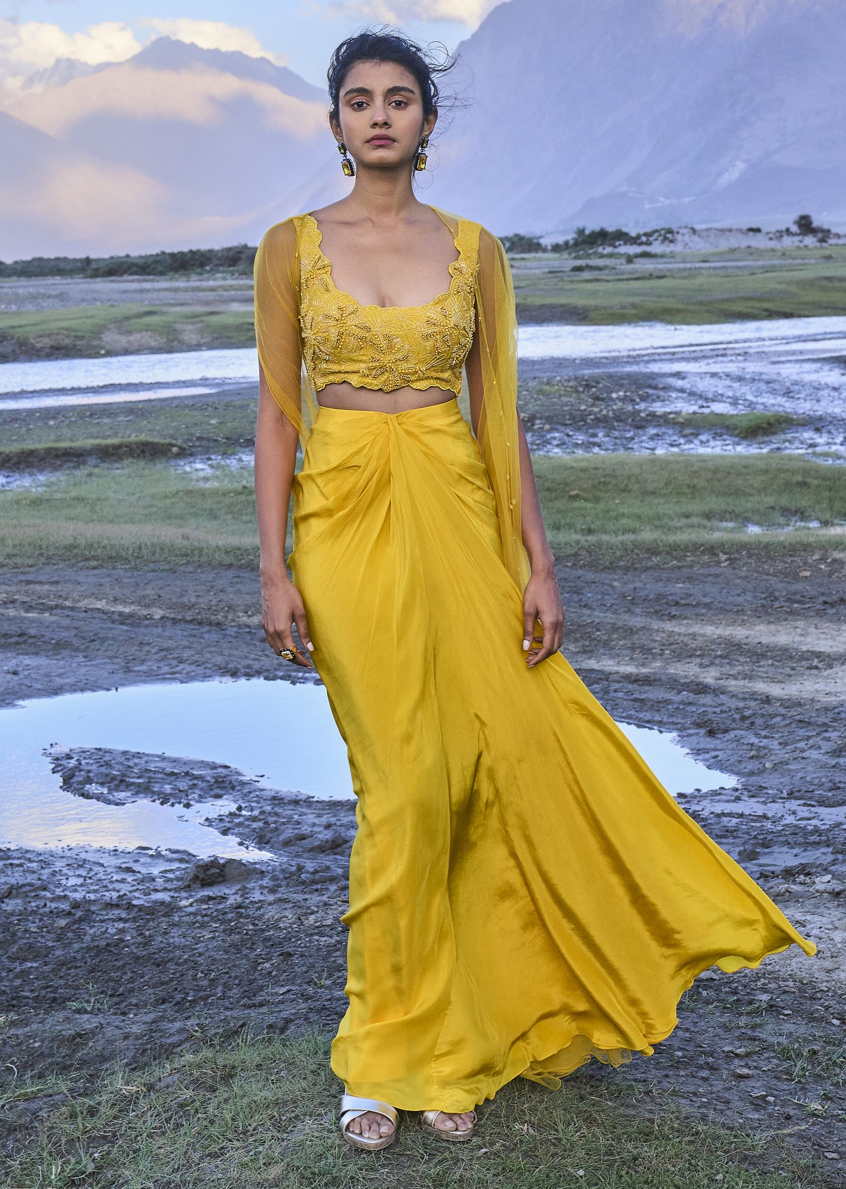 Yellow Pre Draped Skirt With Embroidered Corset Blouse And Cape