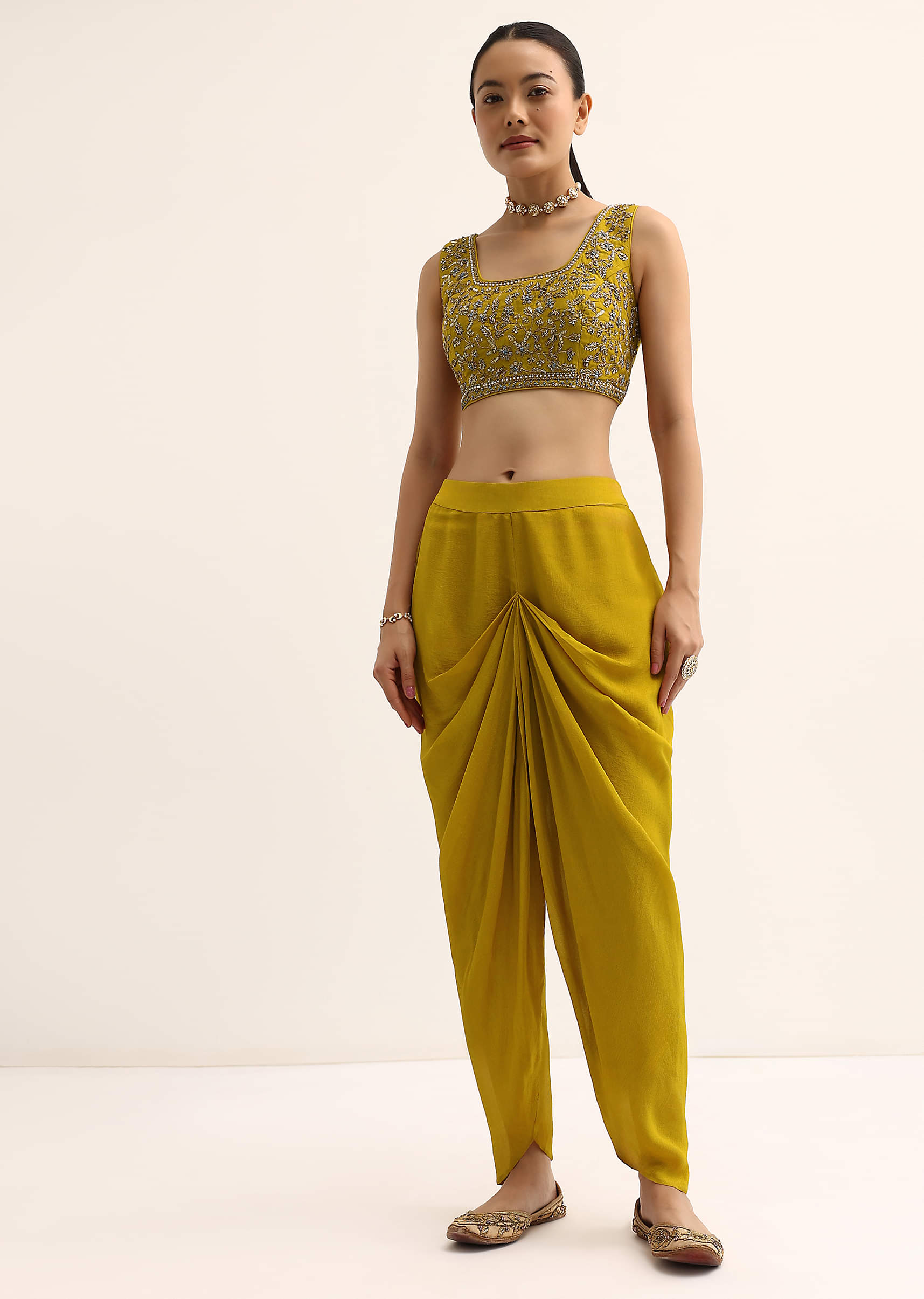 KALKIFashion Yellow Embroidered Silk Croptop with Jacket and Dhoti Set