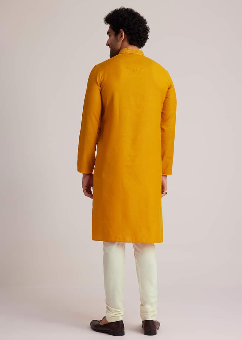 Yellow Embroidered Silk Kurta Set