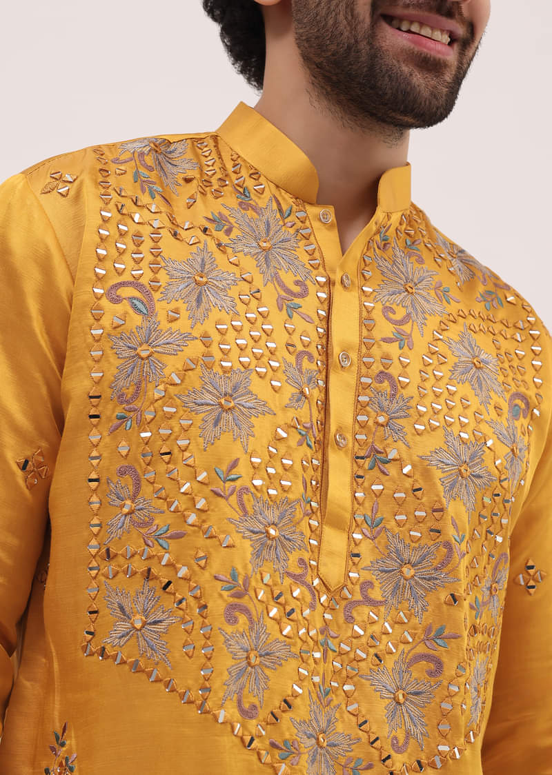 Buy Yellow Embroidered Silk Kurta Set For Men KALKI Fashion Global