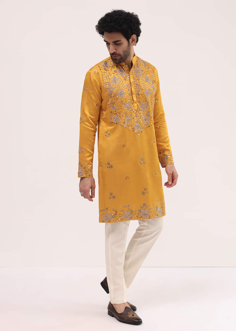 Buy Yellow Embroidered Silk Kurta Set For Men KALKI Fashion Global