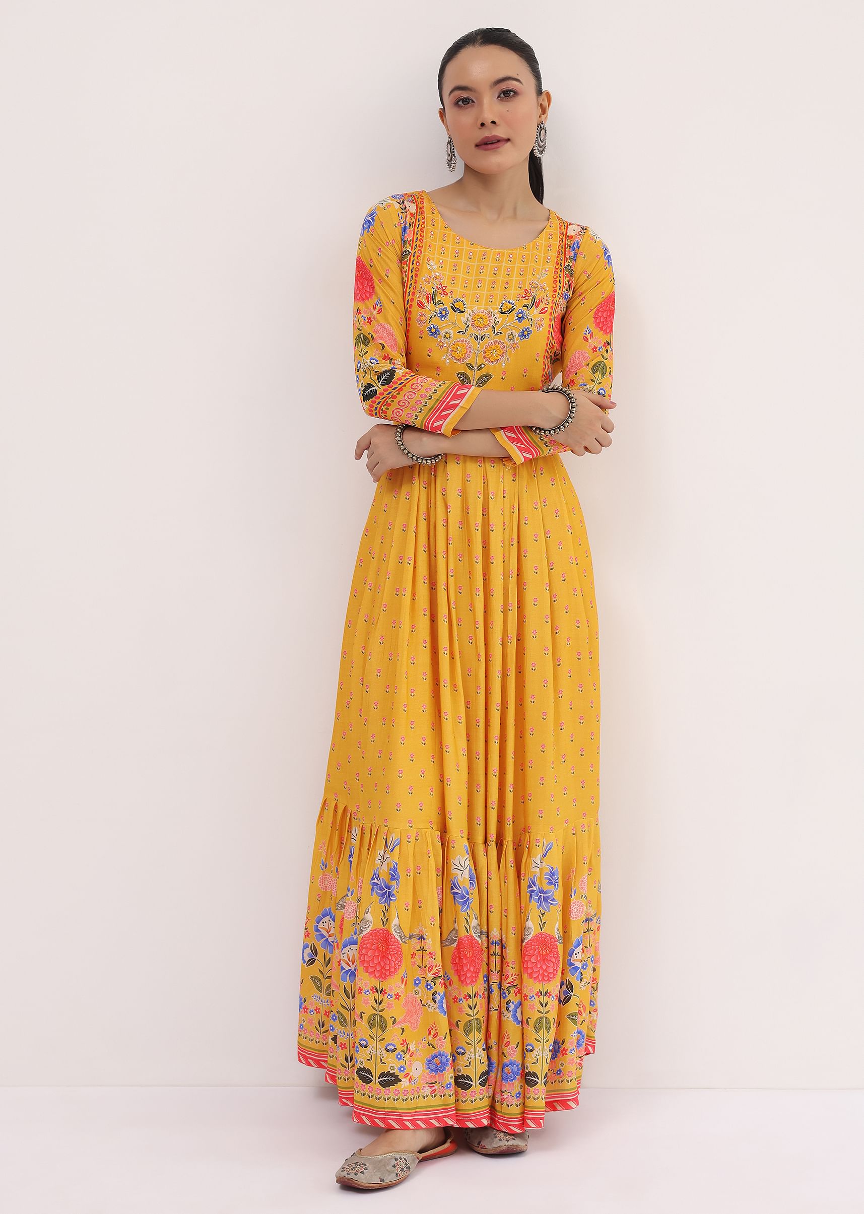 Buy Yellow Embroidered Silk Long Kurti KALKI Fashion Global