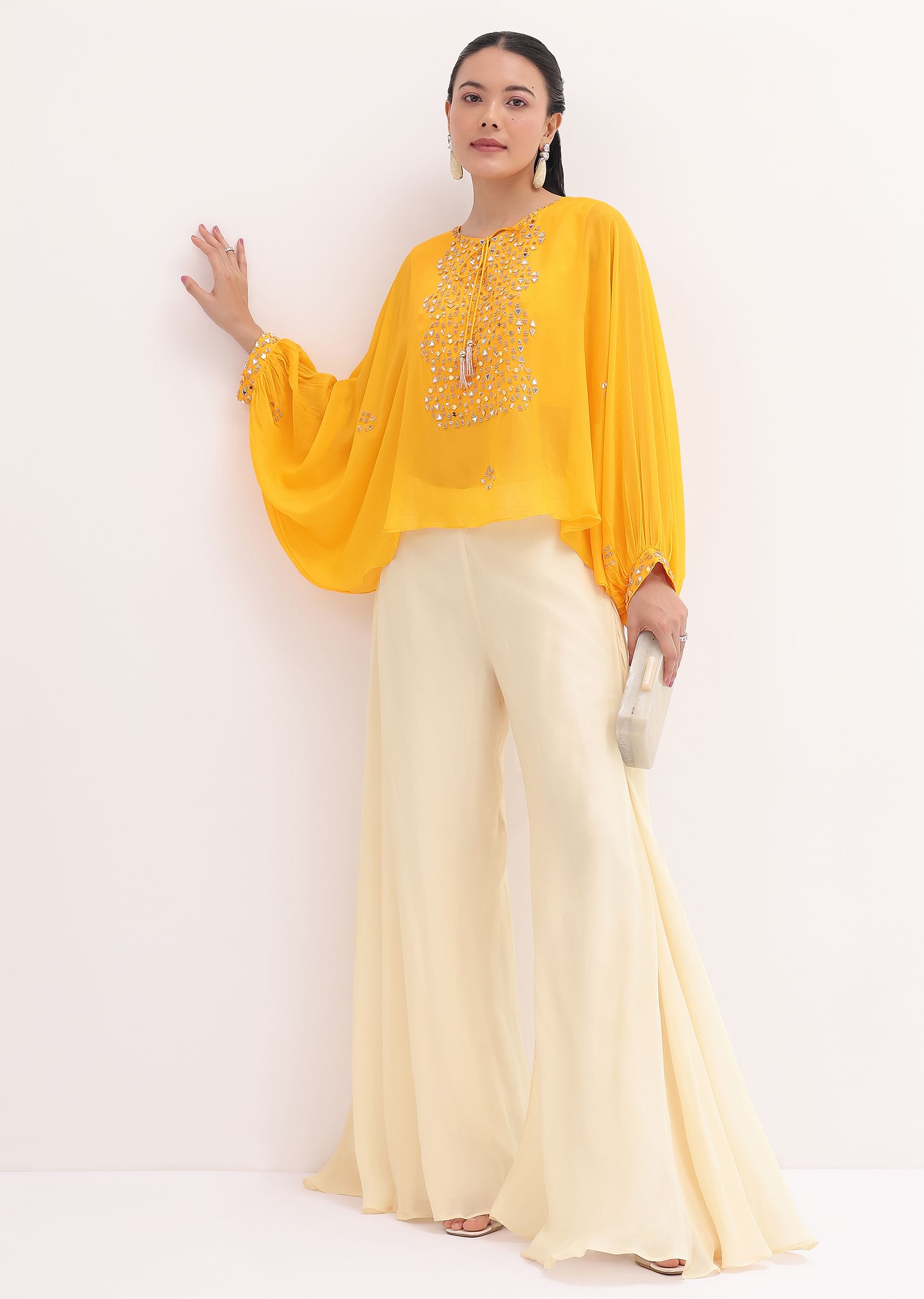 Buy Yellow Embroidered Top And Off White Palazzo KALKI Fashion Global
