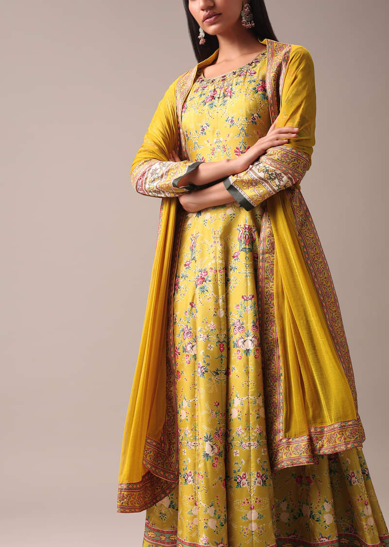 Yellow Floral Printed Anarkali Suit Set In Silk