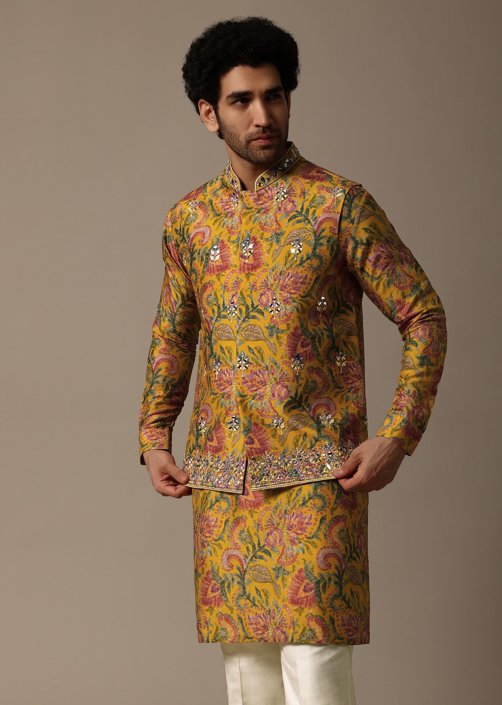 Buy Yellow Floral Embroidered Silk Kurta Jacket Set For Men KALKI Fashion India