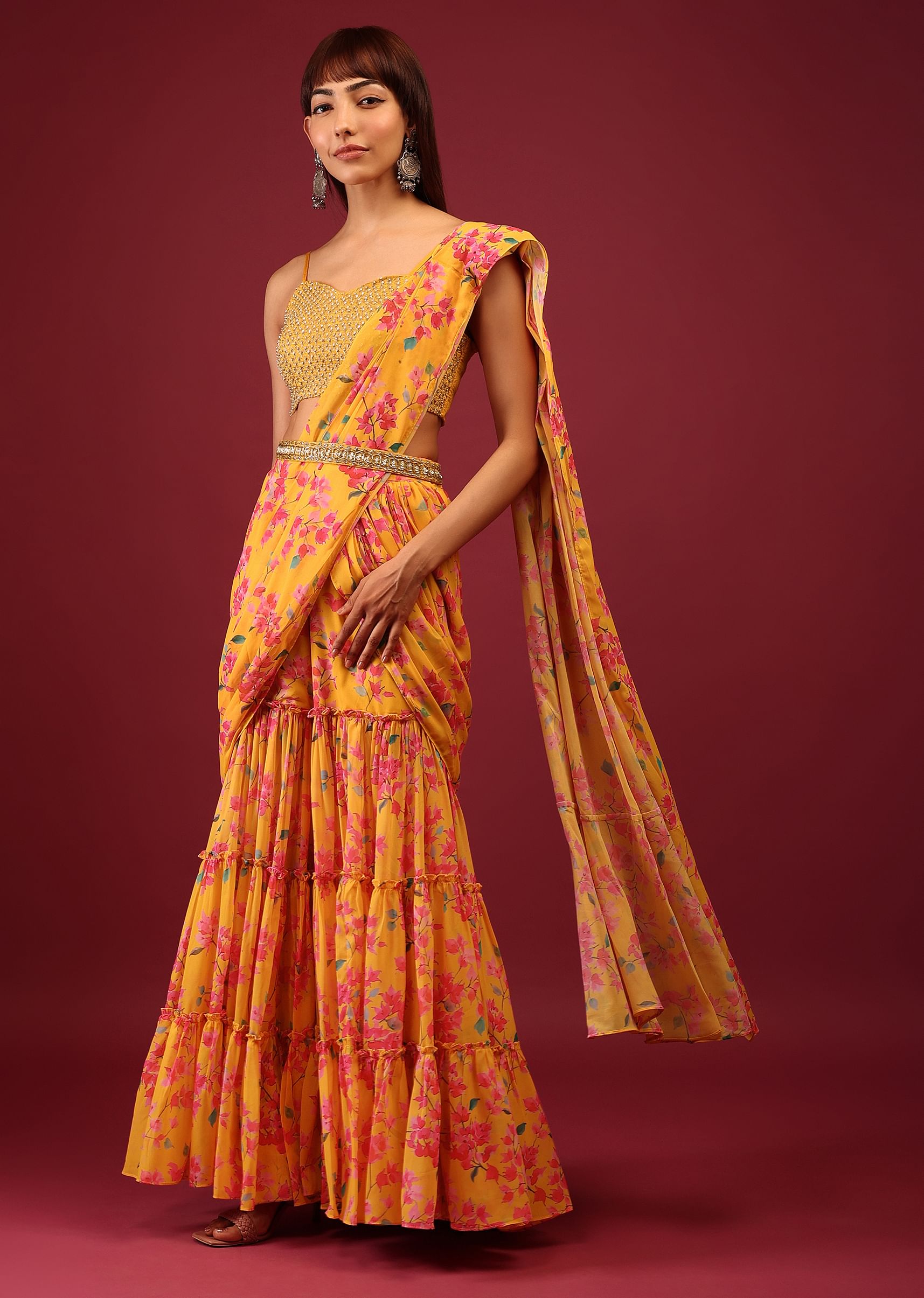 Buy Chrome Yellow Sharara Saree Online