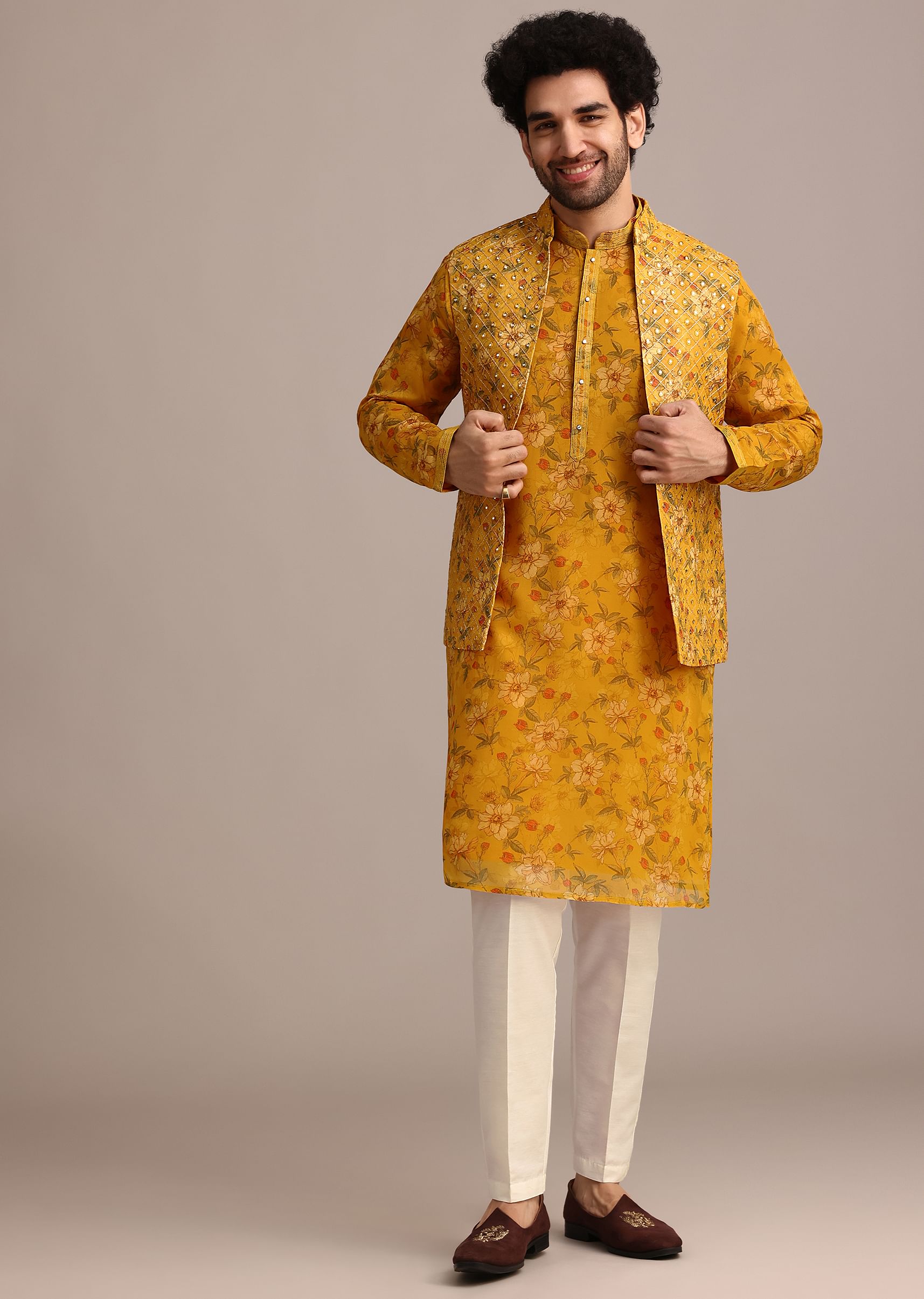 Buy Yellow Georgette Kurta And Jacket Set With Mirror Work
