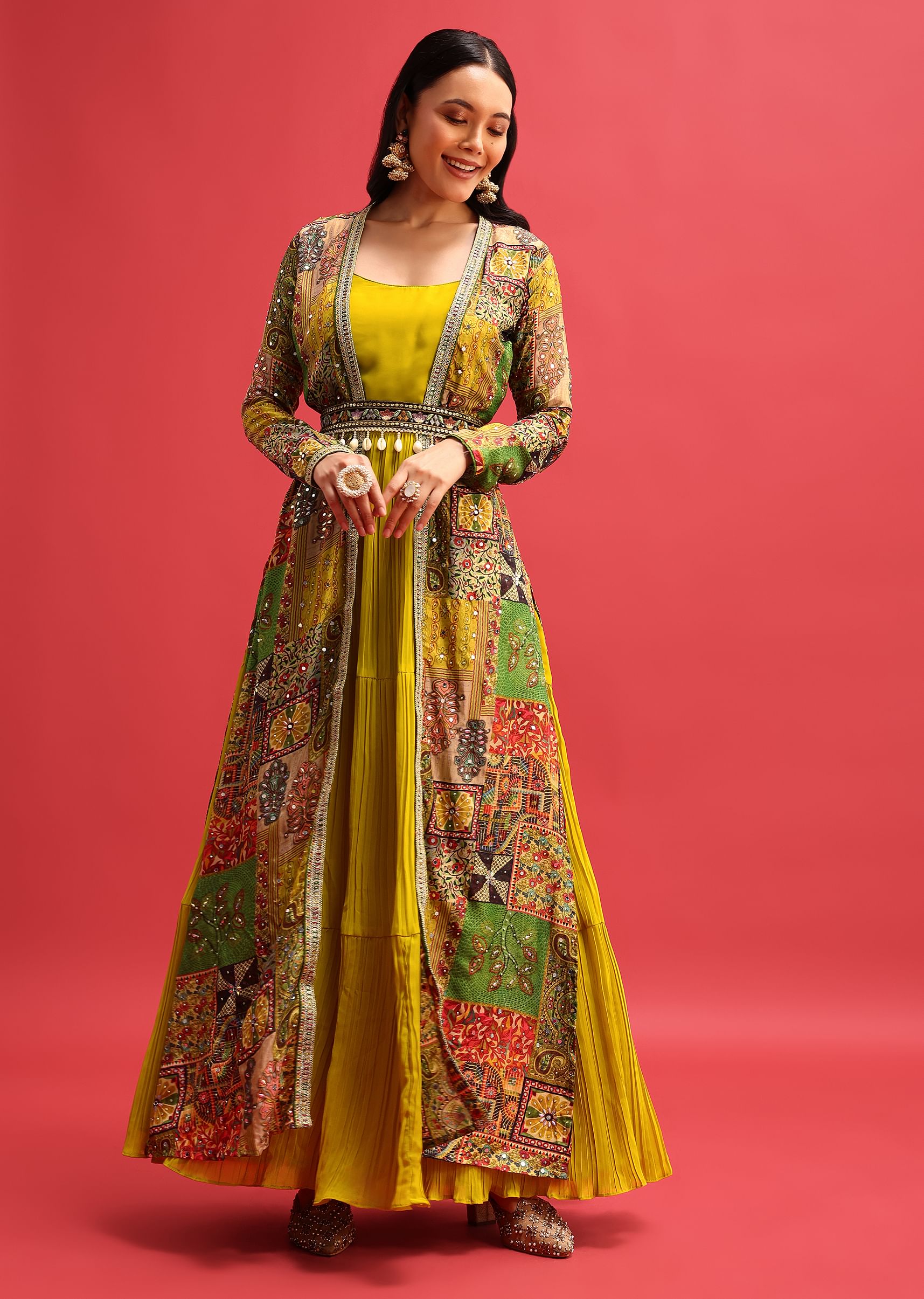 Buy Yellow Georgette Printed Gown With Mirror Work Jacket KALKI Fashion India