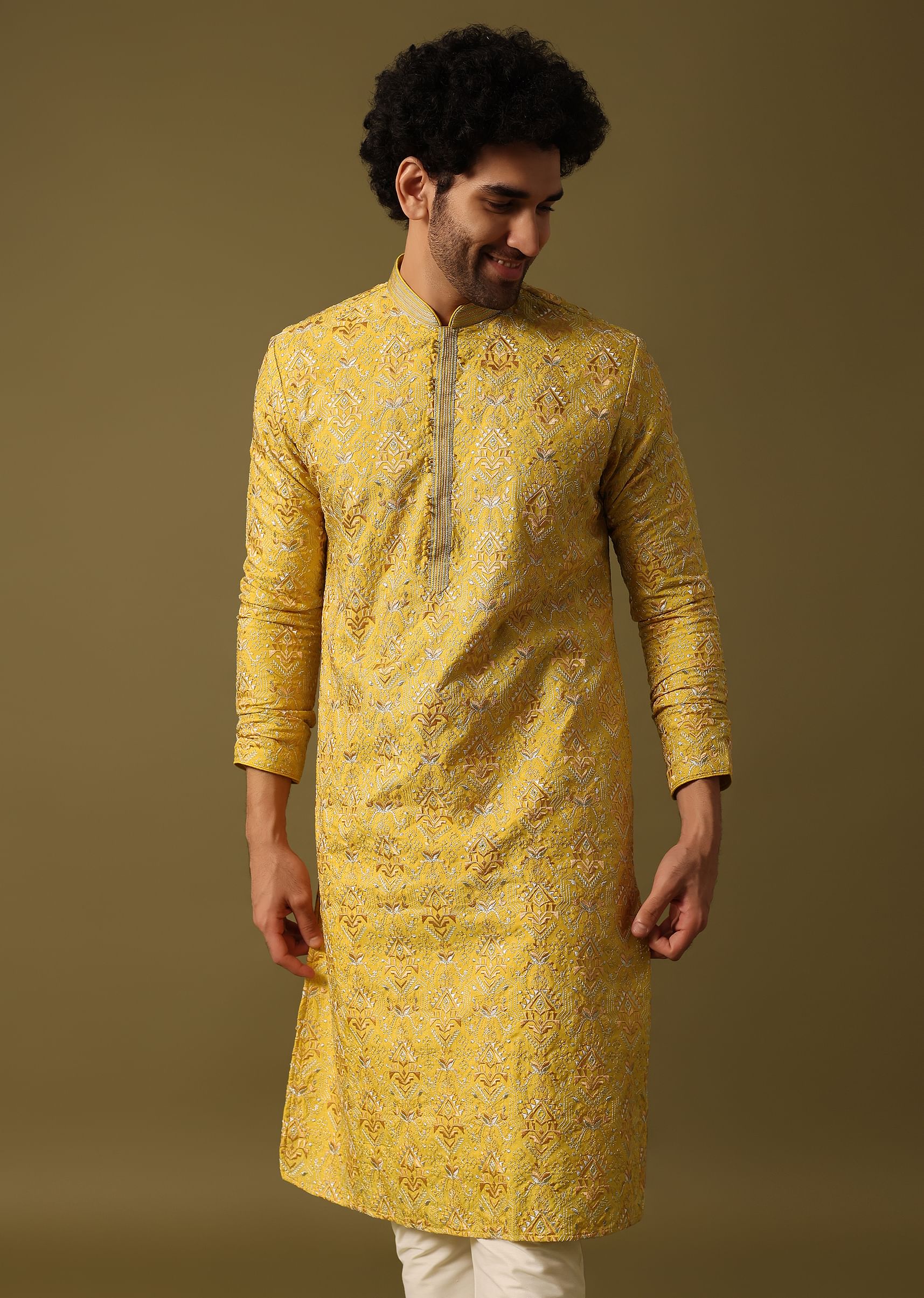 Buy Yellow Kurta Pyjama With Resham Work For Men KALKI Fashion India