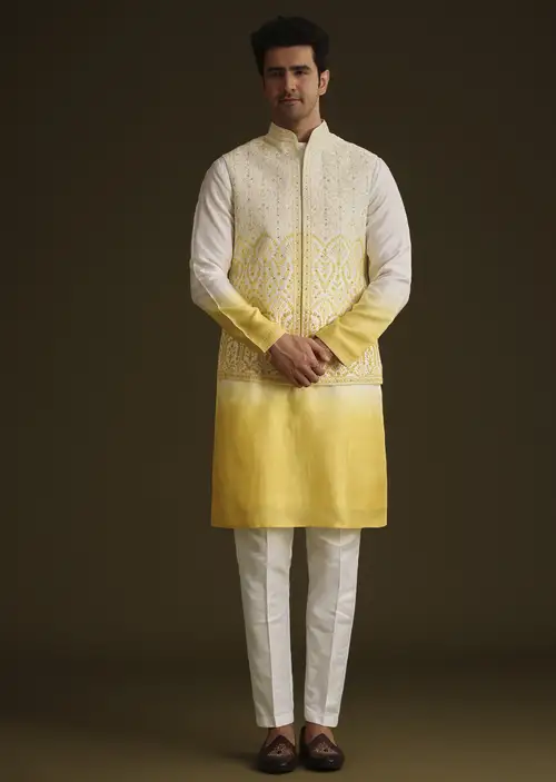 Yellow Ombre Silk Kurta Set With Dori Work Embroidered Jacket