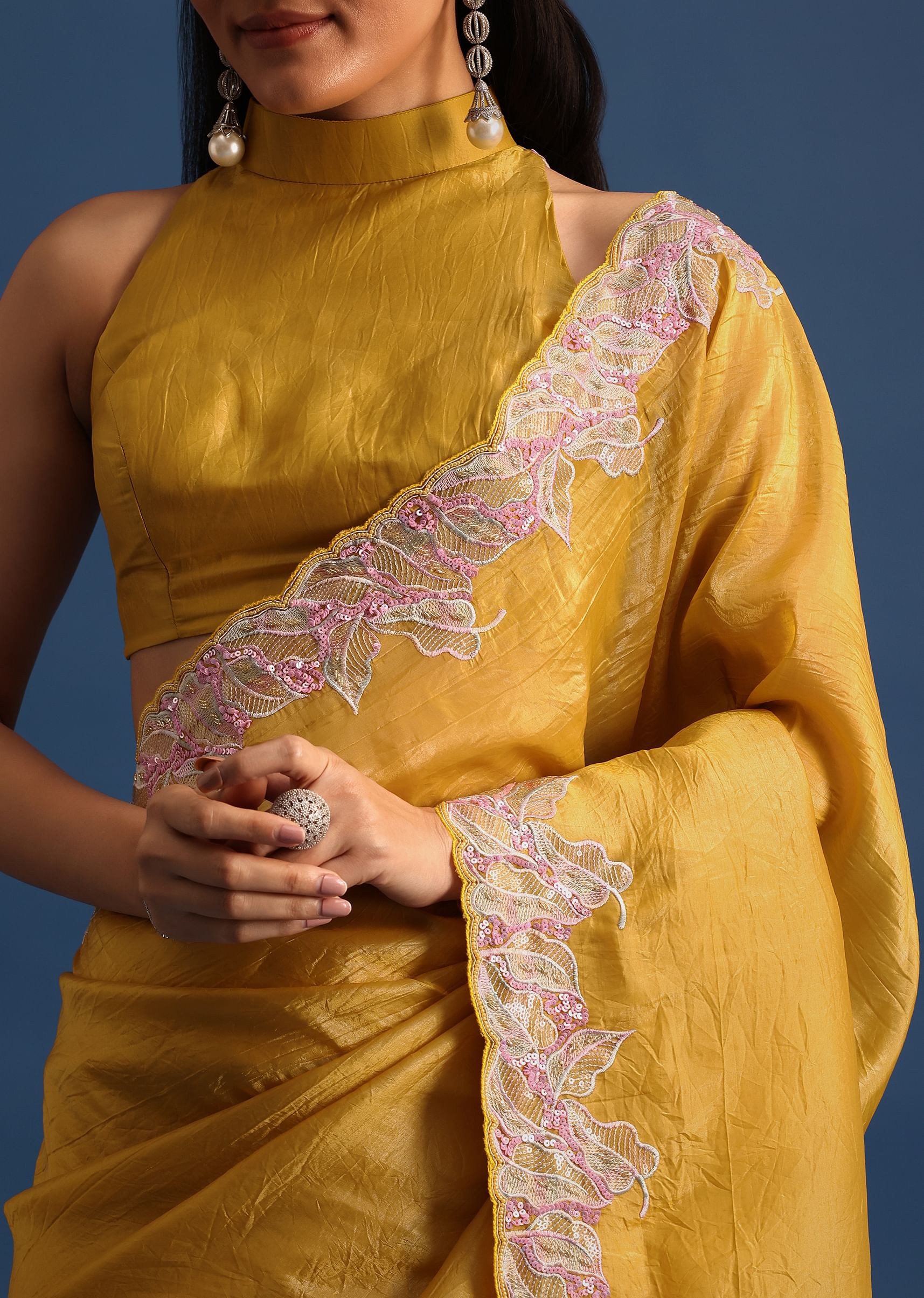 Buy Yellow Organza Saree With Thread And Sequin Border And