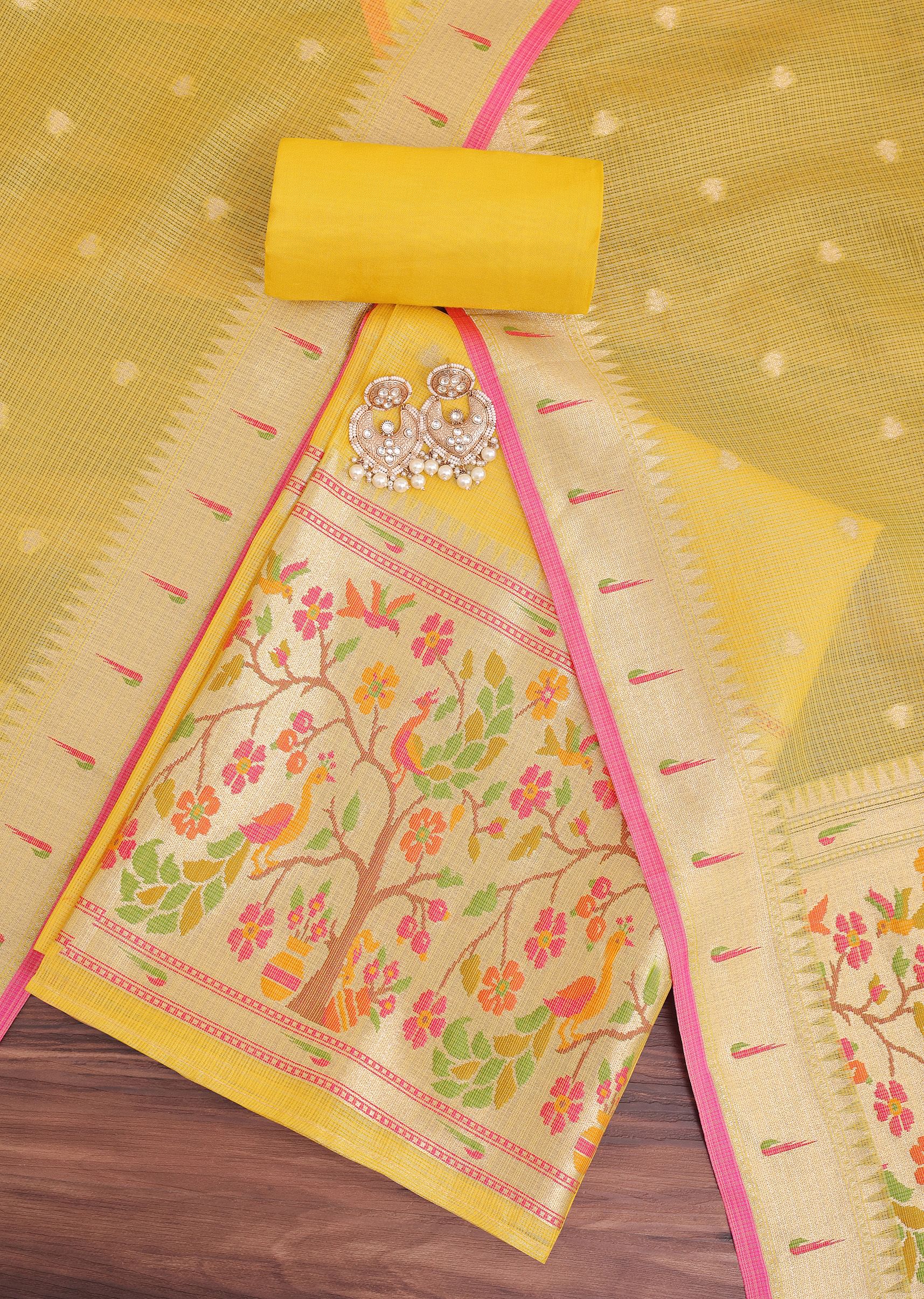 Yellow Woven Silk Paithani Dress Material