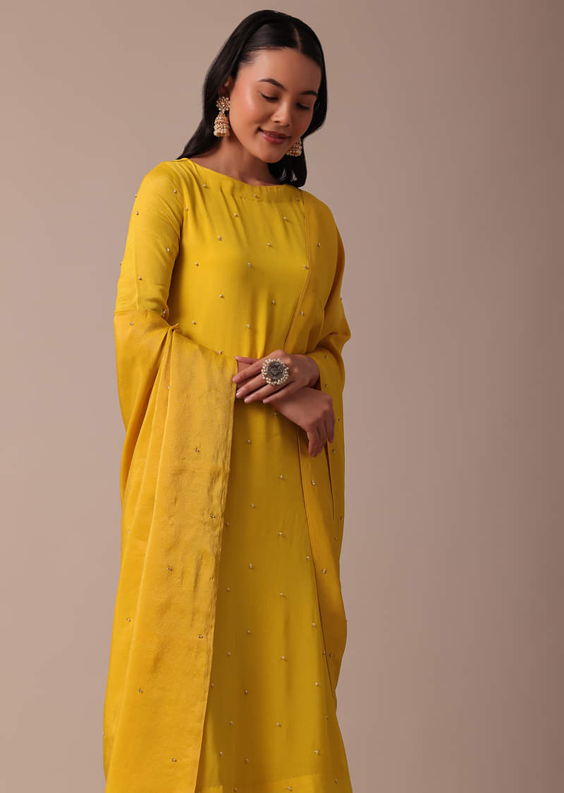Yellow Pant Set In Chiffon With Sequin Work Kurta