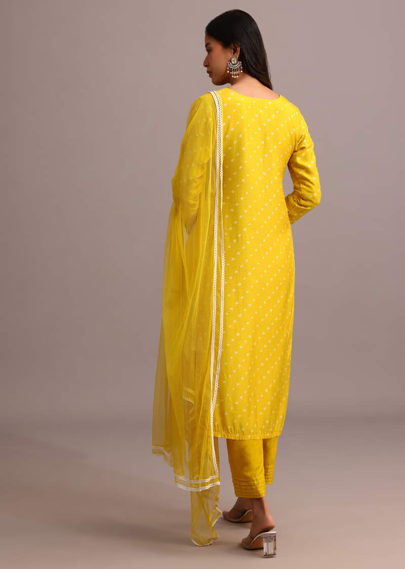 Yellow Printed Kurta Pant Set With Net Dupatta
