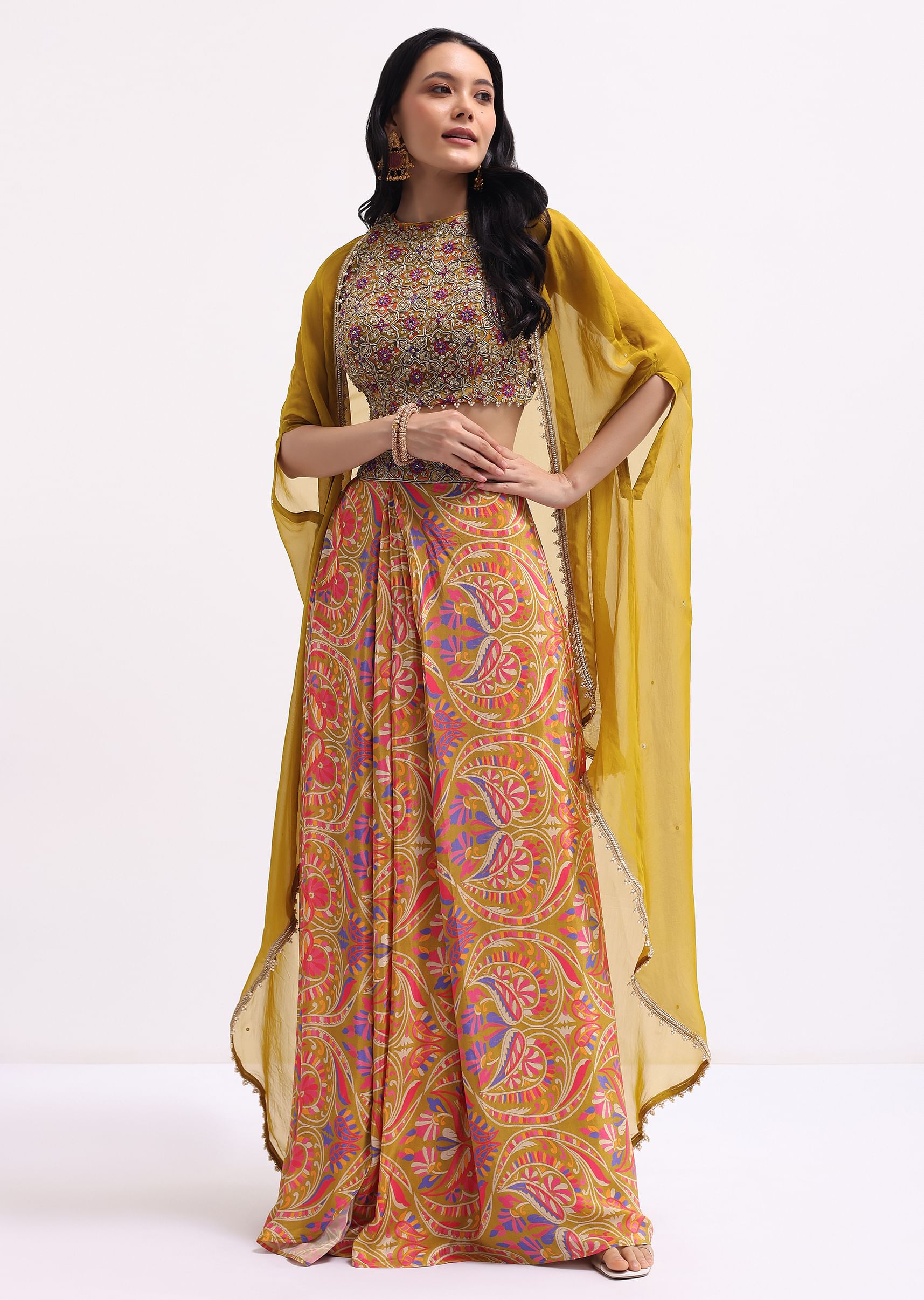 Buy Yellow Printed Net Crop Top Set With Jacket KALKI Fashion India