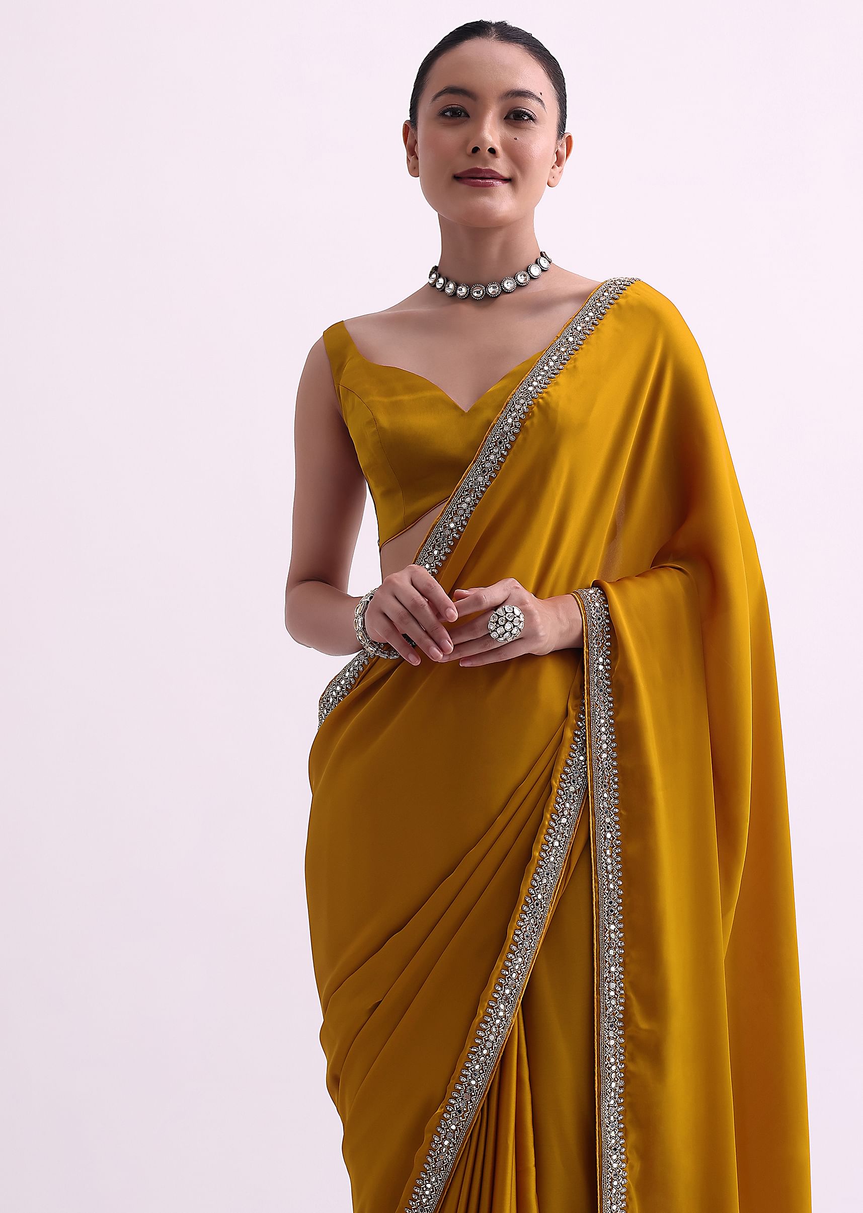 Buy Yellow Saree In Satin With Mirror Work And Unstitched Blouse Fabric