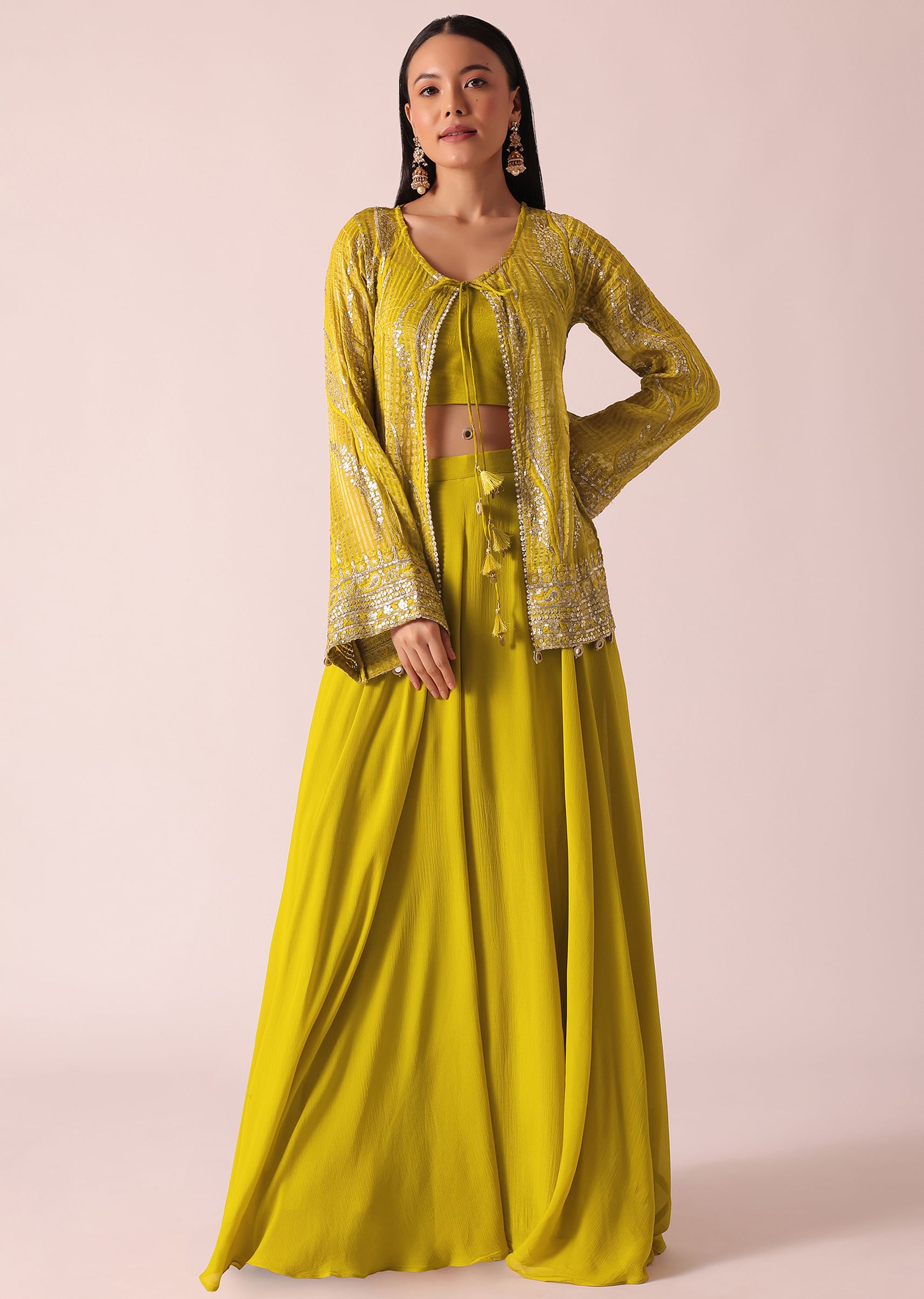 Buy Yellow Sequin Embellished Jacket And Palazzo Set KALKI Fashion India