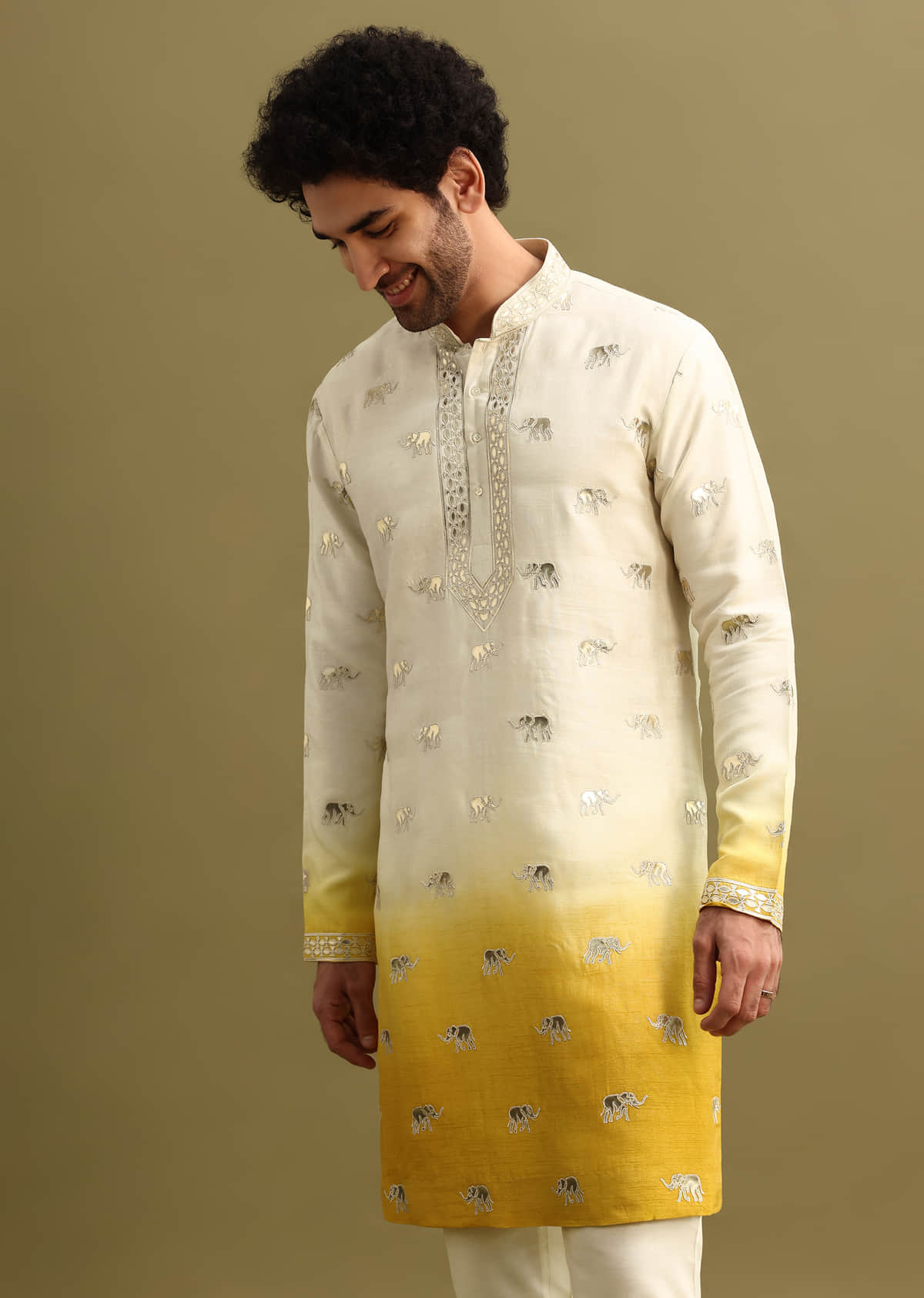 Buy Yellow Shaded Gold Foil Applique Motifs Work Kurta KALKI Fashion