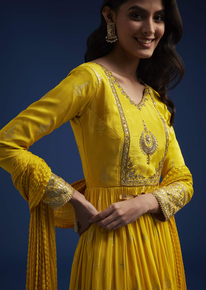 Yellow Tissue Anarkali Set With Gotta Work