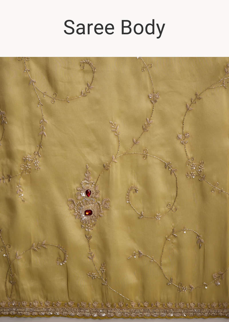 Yellow Tissue Saree With Zardosi And Red Stone Embroidery