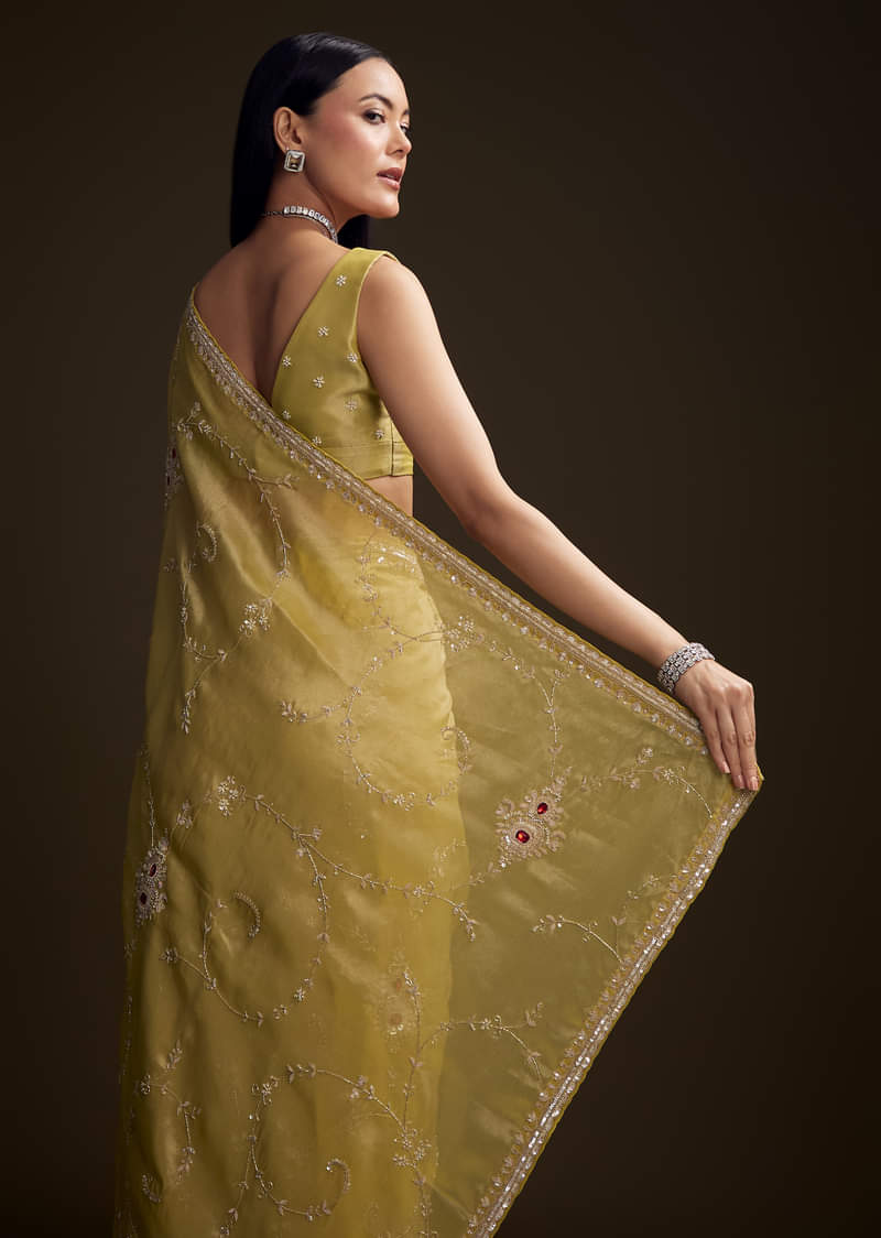 Yellow Tissue Saree With Zardosi And Red Stone Embroidery