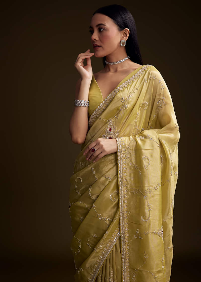 Yellow Tissue Saree With Zardosi And Red Stone Embroidery