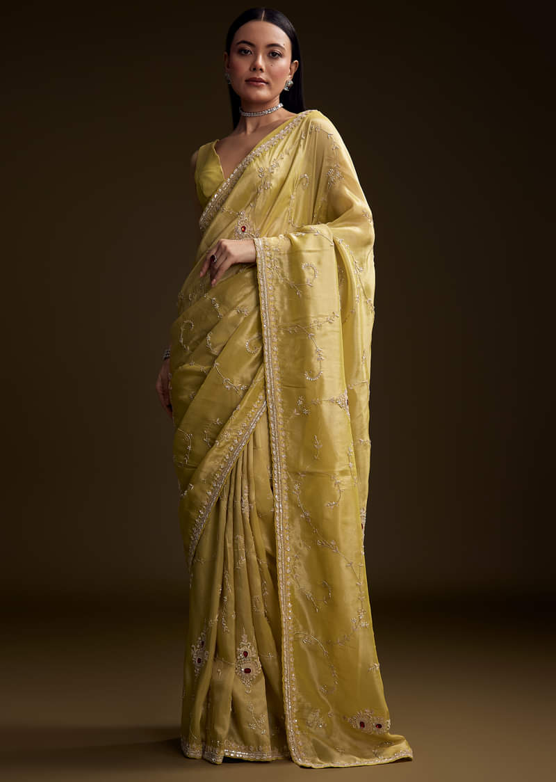 Yellow Tissue Saree With Zardosi And Red Stone Embroidery