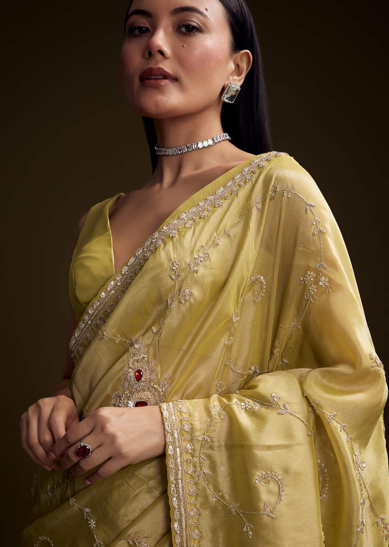 Yellow Tissue Saree With Zardosi And Red Stone Embroidery
