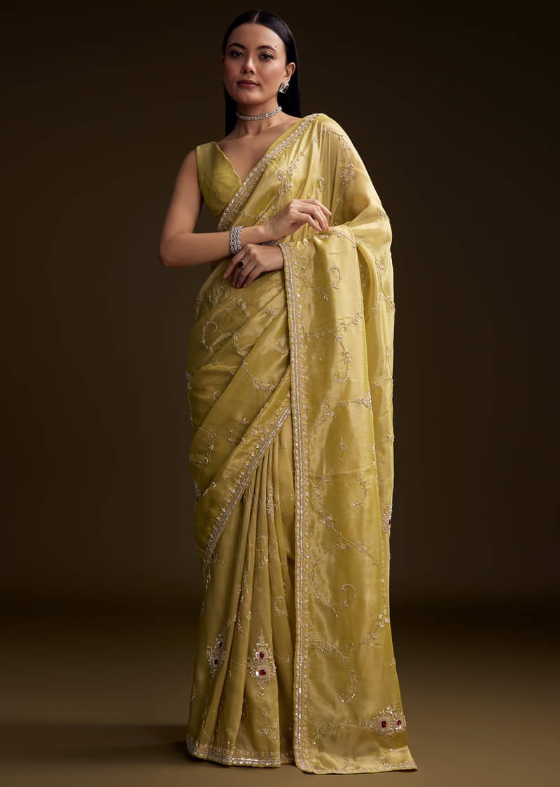 Yellow Tissue Saree With Zardosi And Red Stone Embroidery