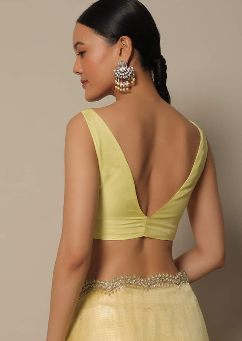 Yellow Tissue Silk Saree With Bead Work And Unstitched Blouse Piece