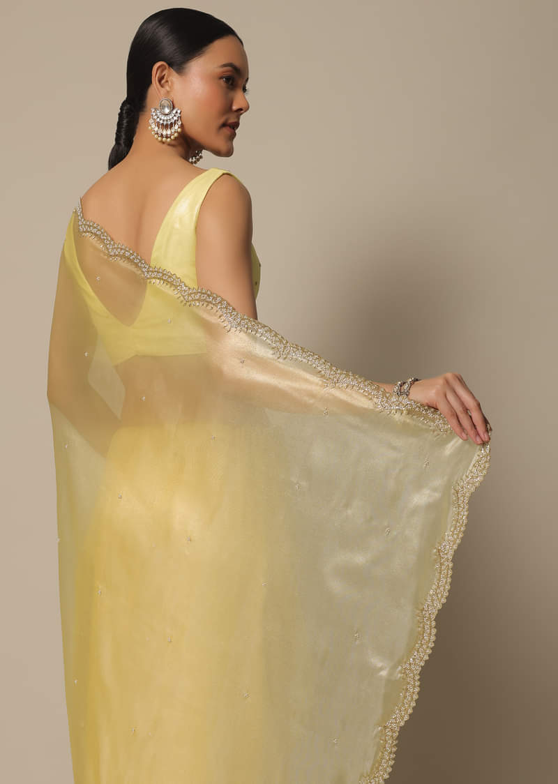 Yellow Tissue Silk Saree With Bead Work And Unstitched Blouse Piece