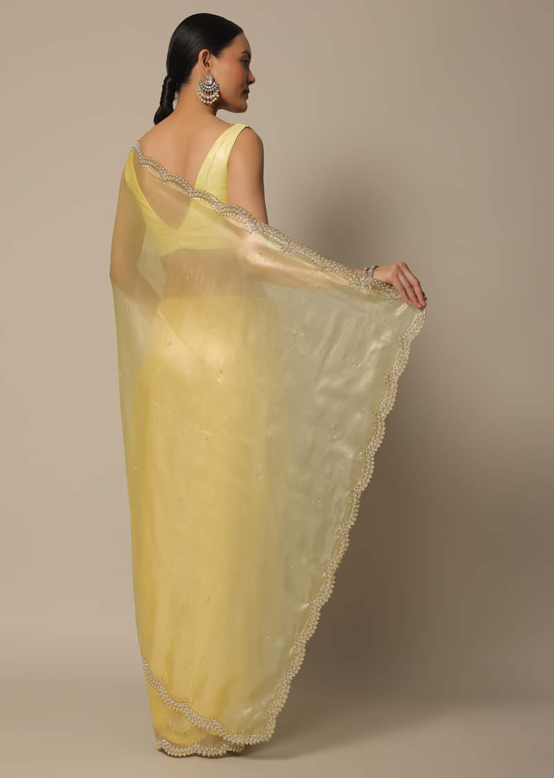 Yellow Tissue Silk Saree With Bead Work And Unstitched Blouse Piece
