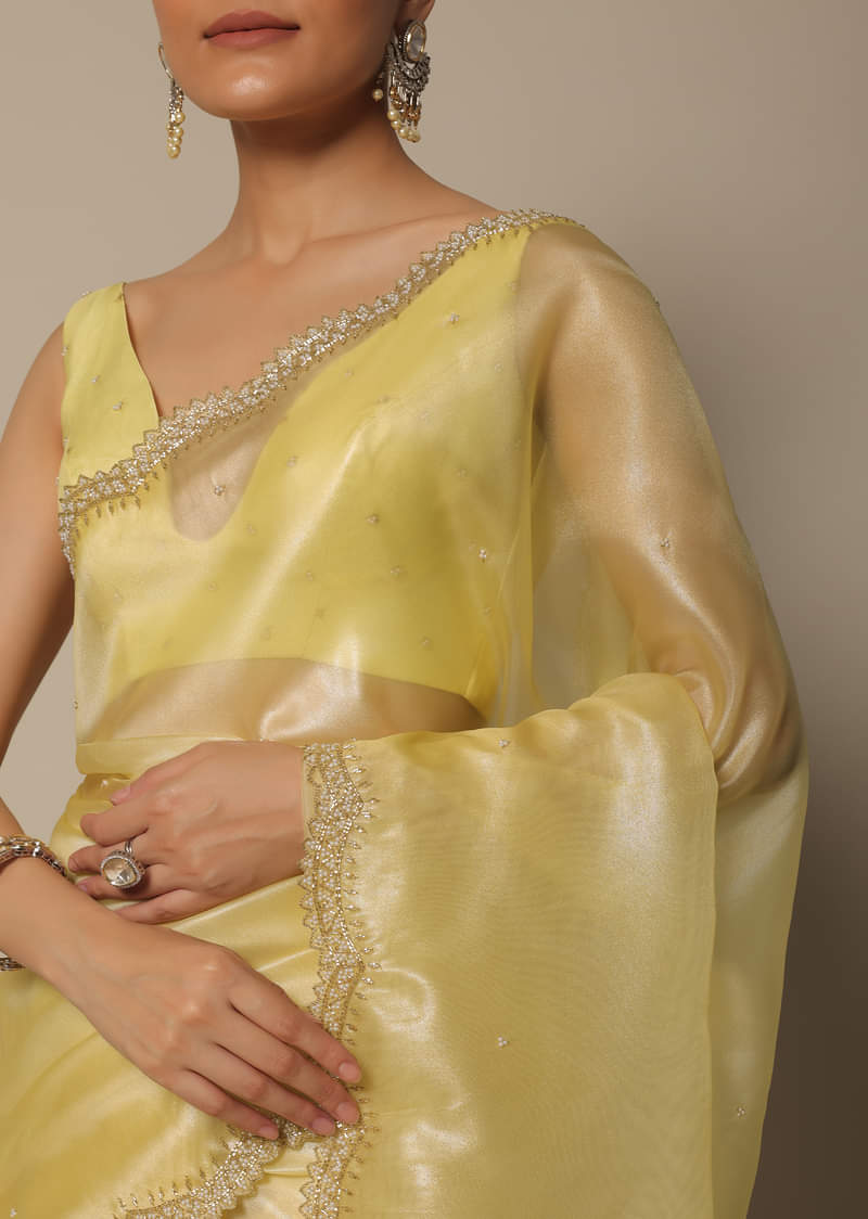 Yellow Tissue Silk Saree With Bead Work And Unstitched Blouse Piece
