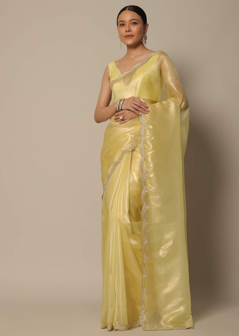 Yellow Tissue Silk Saree With Bead Work And Unstitched Blouse Piece