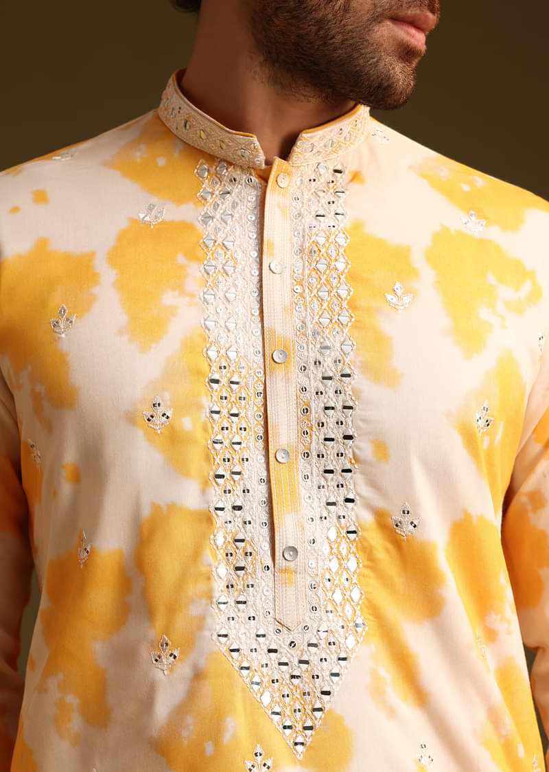 Buy Yellow Tye Dye Print Kurta Set With Mirror Work