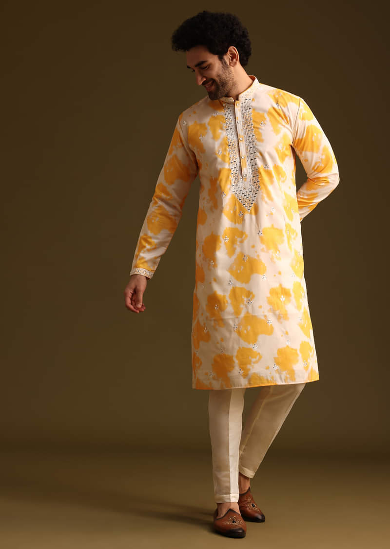 Buy Yellow Tye Dye Print Kurta Set With Mirror Work