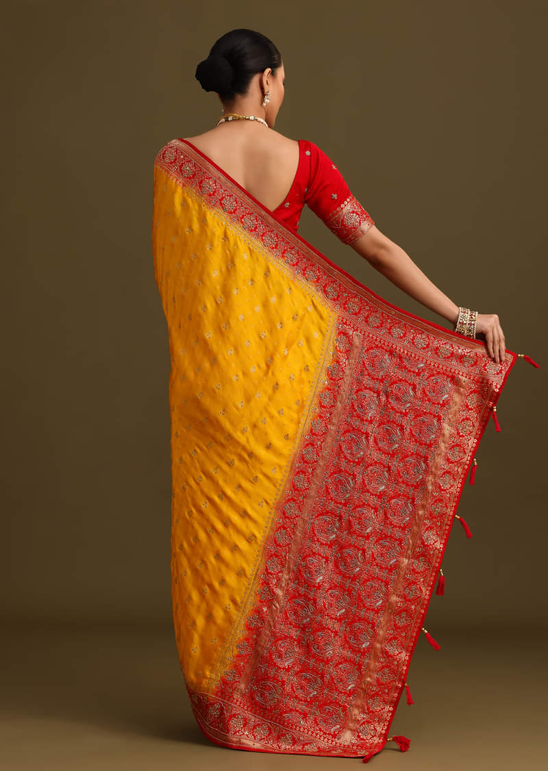 Yellow Zardosi Embroidered Saree With Contrast Pallu Border And Unstitched Blouse