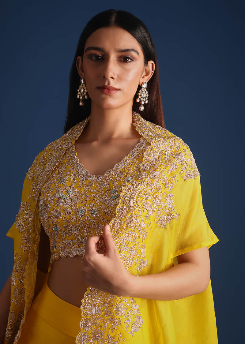 Buy Yellow Zardozi Work Crop Top With Jacket And Skirt