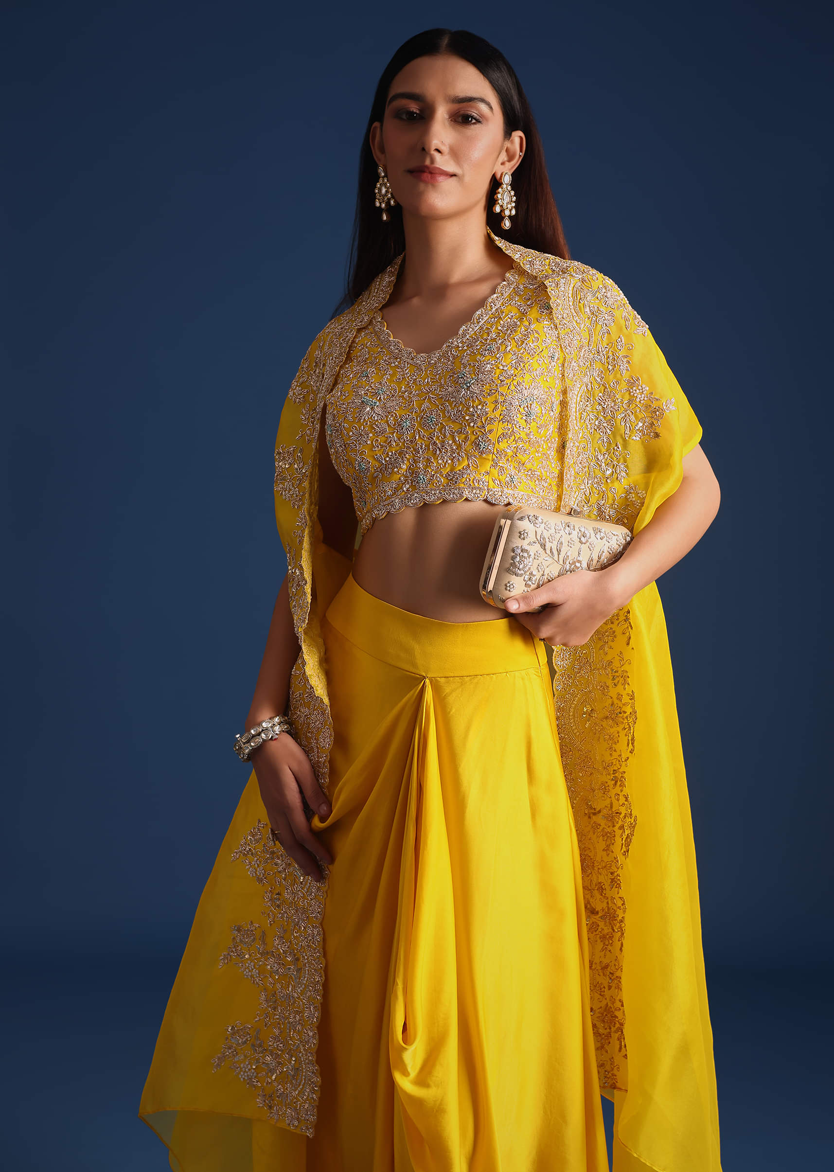 Buy Yellow Zardozi Work Crop Top With Jacket And Skirt