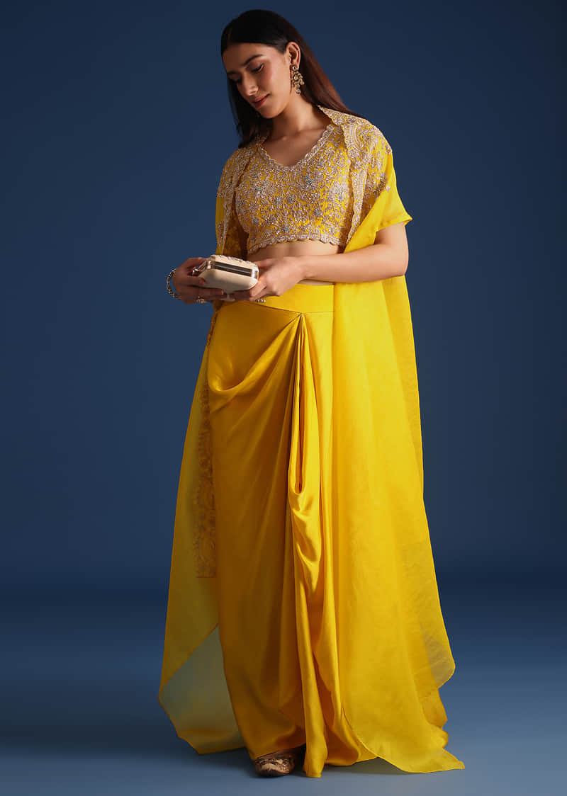 Buy Yellow Zardozi Work Crop Top With Jacket And Skirt