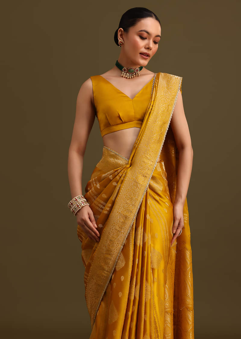 Yellow Zari Weave Saree With Unstitched Blouse
