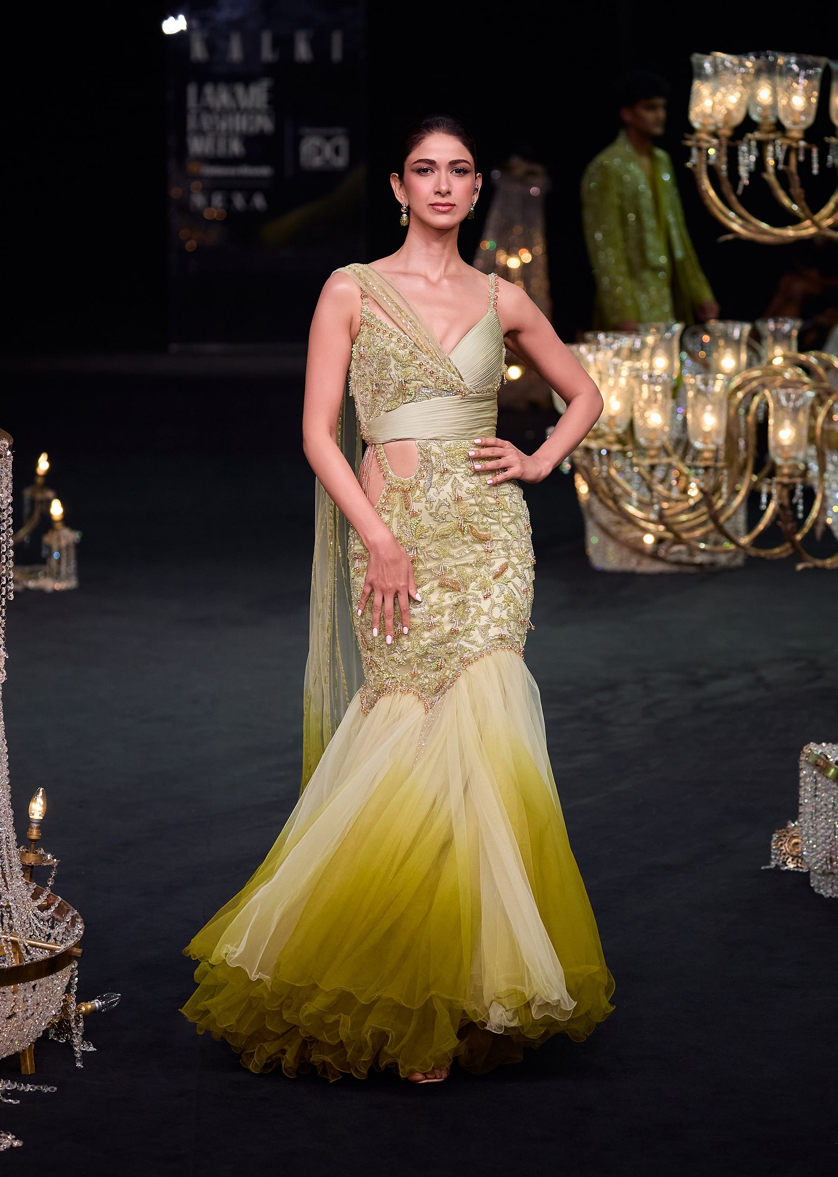 Buy Citrus Green Ombre Fishcut Zardozi Gown Saree