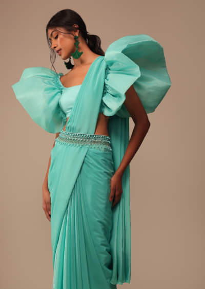 Seafoam Green Crepe Saree With Fancy Sleeves Organza Blouse